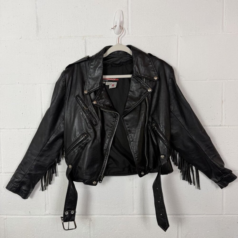 VTG Brooks Men's Leather Motorcycle Jacket Fringe Trim USA‎ Made Baddie Biker 34
